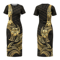 Gold Black Polynesia Hibiscus Plumeria Tattoo Family Matching Short Sleeve Bodycon Dress and Hawaiian Shirt
