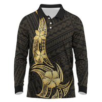 Gold Black Polynesia Hibiscus Plumeria Tattoo Long Sleeve Polo Shirt