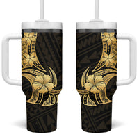Gold Black Polynesia Hibiscus Plumeria Tattoo Tumbler With Handle