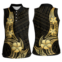 Gold Black Polynesia Hibiscus Plumeria Tattoo Women Sleeveless Polo Shirt
