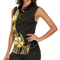 Gold Black Polynesia Hibiscus Plumeria Tattoo Women Sleeveless Polo Shirt