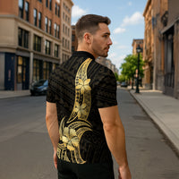 Gold Black Polynesia Hibiscus Plumeria Tattoo Zipper Polo Shirt