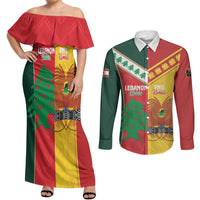 Custom Rugby Papua New Guinea and Lebanon Couples Matching Off Shoulder Maxi Dress and Long Sleeve Button Shirt PNG Kumuls Cedars Together