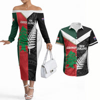 Custom Rugby New Zealand and Lebanon Couples Matching Off The Shoulder Long Sleeve Dress and Hawaiian Shirt All Black Cedars Together