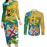 Malampa Fiji Day Couples Matching Long Sleeve Bodycon Dress and Long Sleeve Button Shirt 10 October Together We Grow Grunge Tapa Motifs