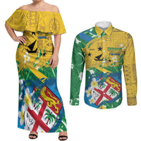 Malampa Fiji Day Couples Matching Off Shoulder Maxi Dress and Long Sleeve Button Shirt 10 October Together We Grow Grunge Tapa Motifs