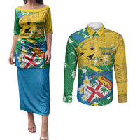 Malampa Fiji Day Couples Matching Puletasi and Long Sleeve Button Shirt 10 October Together We Grow Grunge Tapa Motifs