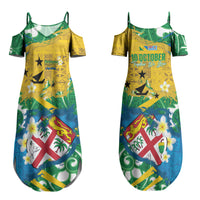 Malampa Fiji Day Couples Matching Summer Maxi Dress and Long Sleeve Button Shirt 10 October Together We Grow Grunge Tapa Motifs