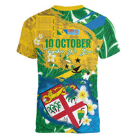 Malampa Fiji Day Women V-Neck T-Shirt 10 October Together We Grow Grunge Tapa Motifs