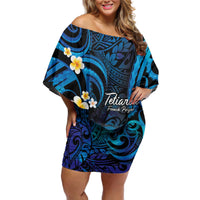 French Polynesia Tetiaroa Atoll Off Shoulder Short Dress Polynesian Curves Style LT14 Women Blue - Polynesian Pride