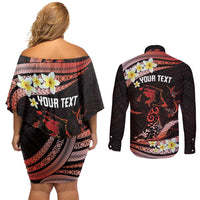 Personalised Tahiti Bora Bora Couples Matching Off Shoulder Short Dress and Long Sleeve Button Shirt Manta Rays With Polynesian Plumeria