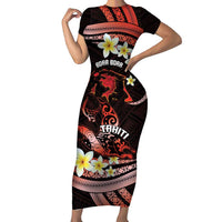 Personalised Tahiti Bora Bora Short Sleeve Bodycon Dress Manta Rays With Polynesian Plumeria LT14 Long Dress Red - Polynesian Pride