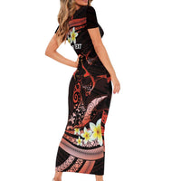Personalised Tahiti Bora Bora Short Sleeve Bodycon Dress Manta Rays With Polynesian Plumeria LT14 - Polynesian Pride
