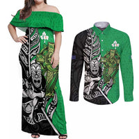 New Zealand and Ireland Rugby Custom Couples Matching Off Shoulder Maxi Dress and Long Sleeve Button Shirt Maori Tiki Fern Irish Celtic Cross - Polynesian Pride
