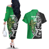 New Zealand and Ireland Rugby Custom Couples Matching Off The Shoulder Long Sleeve Dress and Hawaiian Shirt Maori Tiki Fern Irish Celtic Cross - Polynesian Pride