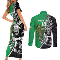 New Zealand and Ireland Rugby Custom Couples Matching Short Sleeve Bodycon Dress and Long Sleeve Button Shirt Maori Tiki Fern Irish Celtic Cross - Polynesian Pride