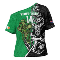 New Zealand and Ireland Rugby Custom Cross Shoulder Shirt Maori Tiki Fern Irish Celtic Cross - Polynesian Pride