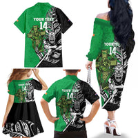 New Zealand and Ireland Rugby Custom Family Matching Off The Shoulder Long Sleeve Dress and Hawaiian Shirt Maori Tiki Fern Irish Celtic Cross - Polynesian Pride