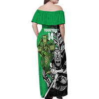 New Zealand and Ireland Rugby Custom Family Matching Off Shoulder Maxi Dress and Hawaiian Shirt Maori Tiki Fern Irish Celtic Cross - Polynesian Pride