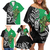 New Zealand and Ireland Rugby Custom Family Matching Off Shoulder Short Dress and Hawaiian Shirt Maori Tiki Fern Irish Celtic Cross - Polynesian Pride