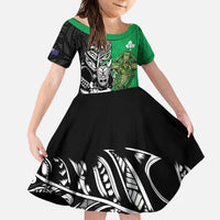 New Zealand and Ireland Rugby Custom Family Matching Short Sleeve Bodycon Dress and Hawaiian Shirt Maori Tiki Fern Irish Celtic Cross - Polynesian Pride