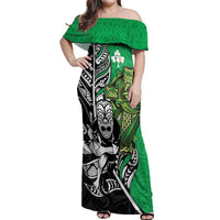 New Zealand and Ireland Rugby Custom Off Shoulder Maxi Dress Maori Tiki Fern Irish Celtic Cross - Polynesian Pride