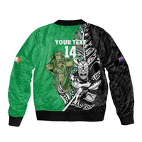New Zealand and Ireland Rugby Custom Sleeve Zip Bomber Jacket Maori Tiki Fern Irish Celtic Cross - Polynesian Pride