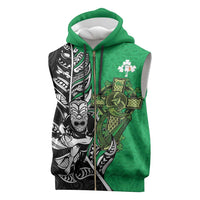 New Zealand and Ireland Rugby Custom Sleeveless Zip Hoodie Maori Tiki Fern Irish Celtic Cross - Polynesian Pride