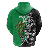 New Zealand and Ireland Rugby Custom Zip Hoodie Maori Tiki Fern Irish Celtic Cross - Polynesian Pride