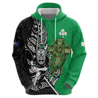 New Zealand and Ireland Rugby Custom Zip Hoodie Maori Tiki Fern Irish Celtic Cross - Polynesian Pride