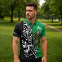 New Zealand and Ireland Rugby Custom Zipper Polo Shirt Maori Tiki Fern Irish Celtic Cross - Polynesian Pride
