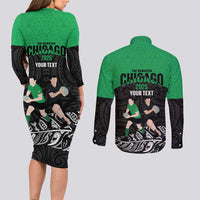 New Zealand and Ireland Rugby Custom Couples Matching Long Sleeve Bodycon Dress and Long Sleeve Button Shirt Chicago 2025 Go All Black Shamrocks - Polynesian Pride