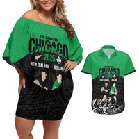 New Zealand and Ireland Rugby Custom Couples Matching Off Shoulder Short Dress and Hawaiian Shirt Chicago 2025 Go All Black Shamrocks - Polynesian Pride
