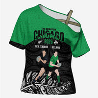 New Zealand and Ireland Rugby Custom Cross Shoulder Shirt Chicago 2025 Go All Black Shamrocks - Polynesian Pride