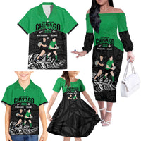 New Zealand and Ireland Rugby Custom Family Matching Off The Shoulder Long Sleeve Dress and Hawaiian Shirt Chicago 2025 Go All Black Shamrocks - Polynesian Pride