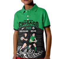 New Zealand and Ireland Rugby Custom Kid Polo Shirt Chicago 2025 Go All Black Shamrocks - Polynesian Pride