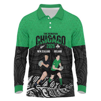 New Zealand and Ireland Rugby Custom Long Sleeve Polo Shirt Chicago 2025 Go All Black Shamrocks - Polynesian Pride