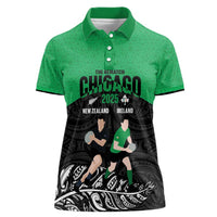 New Zealand and Ireland Rugby Custom Women Polo Shirt Chicago 2025 Go All Black Shamrocks - Polynesian Pride