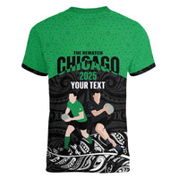 New Zealand and Ireland Rugby Custom Women V-Neck T-Shirt Chicago 2025 Go All Black Shamrocks - Polynesian Pride