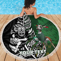 New Zealand and South Africa Rugby Custom Beach Blanket Maori Tiki Fern Springboks Kente Pattern - Polynesian Pride