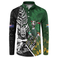 New Zealand and South Africa Rugby Custom Button Sweatshirt Maori Tiki Fern Springboks Kente Pattern - Polynesian Pride