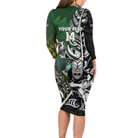 New Zealand and South Africa Rugby Custom Long Sleeve Bodycon Dress Maori Tiki Fern Springboks Kente Pattern - Polynesian Pride