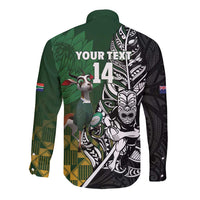 New Zealand and South Africa Rugby Custom Long Sleeve Button Shirt Maori Tiki Fern Springboks Kente Pattern - Polynesian Pride