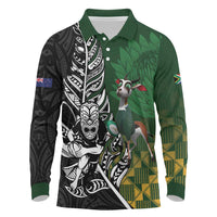 New Zealand and South Africa Rugby Custom Long Sleeve Polo Shirt Maori Tiki Fern Springboks Kente Pattern - Polynesian Pride