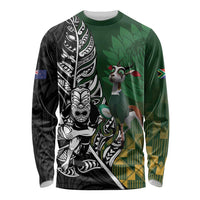 New Zealand and South Africa Rugby Custom Long Sleeve Shirt Maori Tiki Fern Springboks Kente Pattern - Polynesian Pride