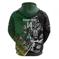 New Zealand and South Africa Rugby Custom Zip Hoodie Maori Tiki Fern Springboks Kente Pattern - Polynesian Pride