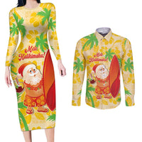 Aloha Hawaii Christmas Couples Matching Long Sleeve Bodycon Dress and Long Sleeve Button Shirt Mele Kalikimaka Funny Santa Palaka Quilt Motifs - Polynesian Pride