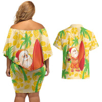 Aloha Hawaii Christmas Couples Matching Off Shoulder Short Dress and Hawaiian Shirt Mele Kalikimaka Funny Santa Palaka Quilt Motifs - Polynesian Pride