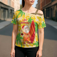 Aloha Hawaii Christmas Cross Shoulder Shirt Mele Kalikimaka Funny Santa Palaka Quilt Motifs - Polynesian Pride