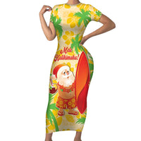 Aloha Hawaii Christmas Short Sleeve Bodycon Dress Mele Kalikimaka Funny Santa Palaka Quilt Motifs - Polynesian Pride